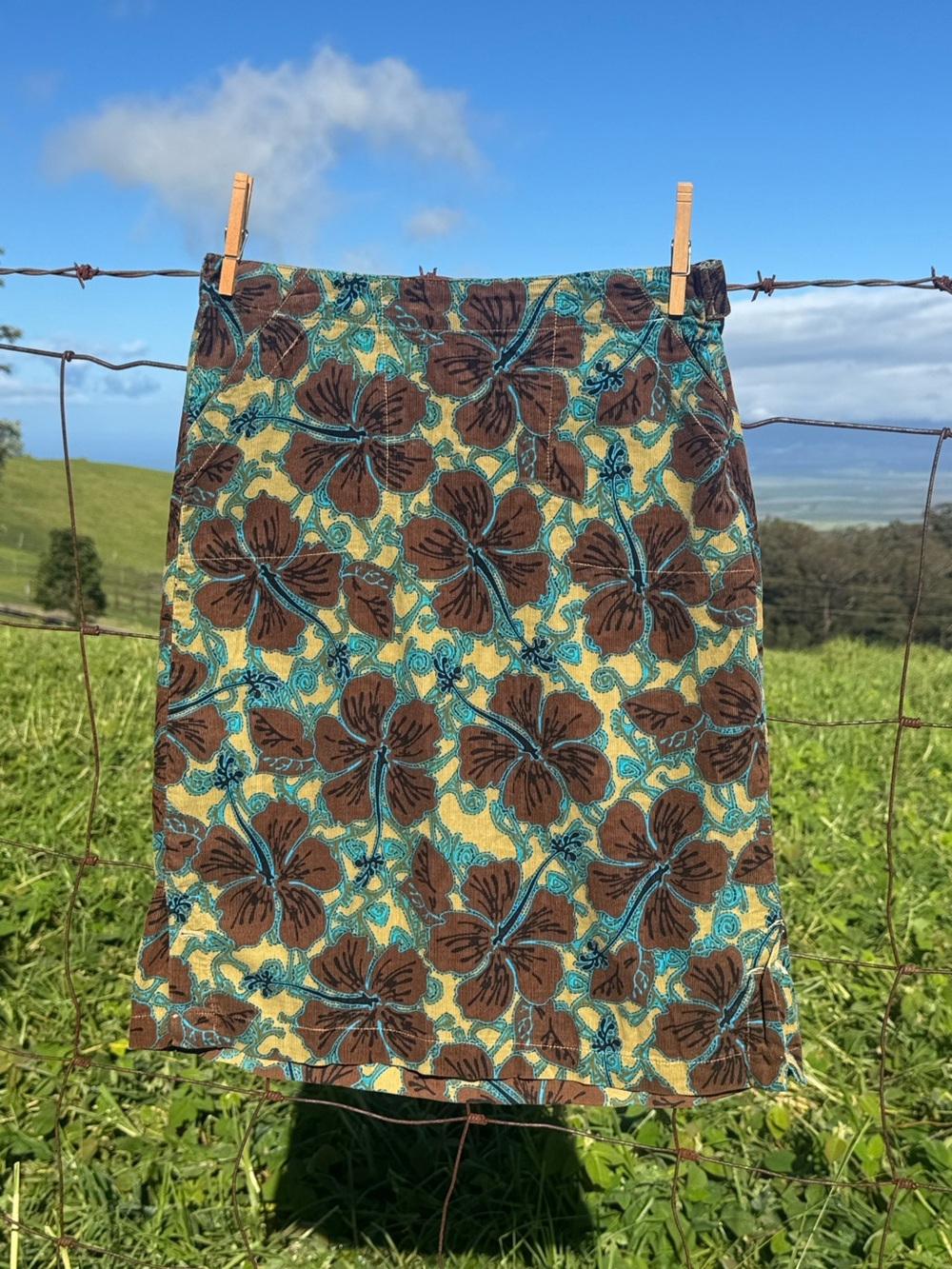 Vintage OP 90s Skater Aloha Brown floral Corduroy Mini Pencil Skirt  size 5